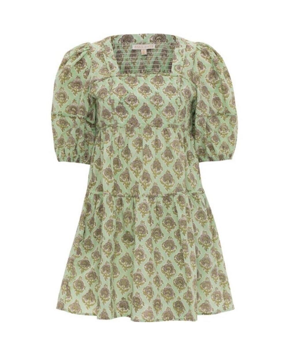 Anna Cate Green Block Print Babydoll Mini Dress Puff Sleeve
